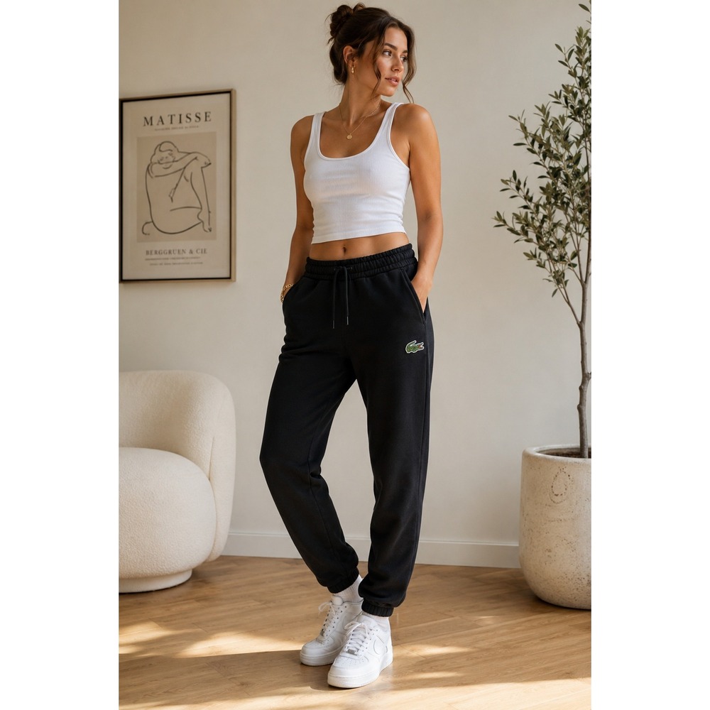 Lacoste‎ Unisex Relaxed Fit Jogger Sweatpants Black Cropped Logo Lounge XXS